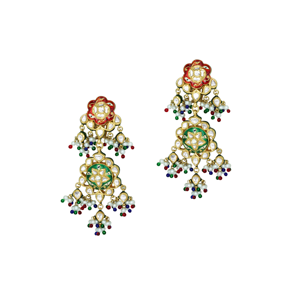 Floral Earrings with Polki, Red-Green Enamel, Pearls, and Beads